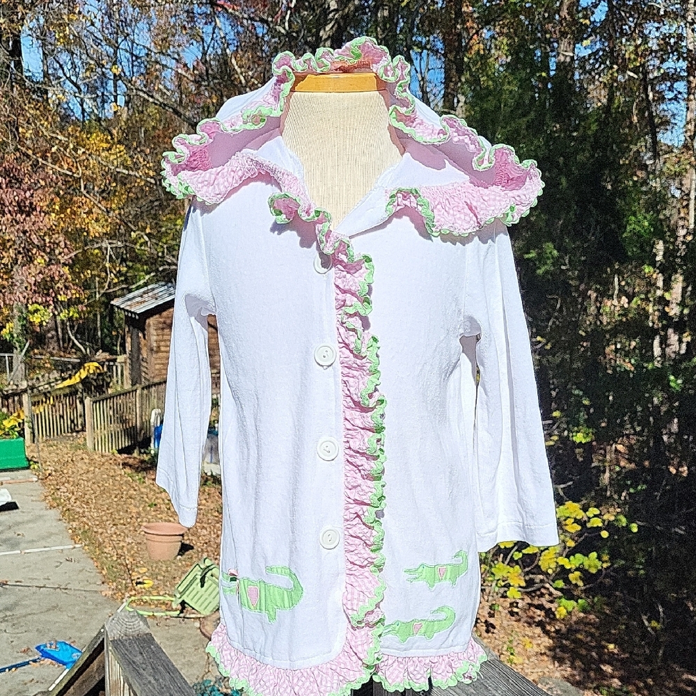 Girl's White & pink ruffled button-up swimsuit cover up, embroidered, sz 4T